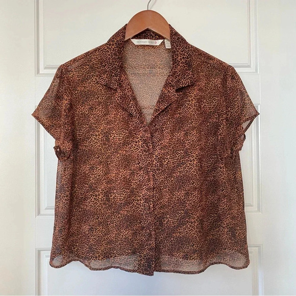 Y2K Victoria's Secret Animal Printed Collared Crop Button Down Sheer Blouse - Picture 1 of 10